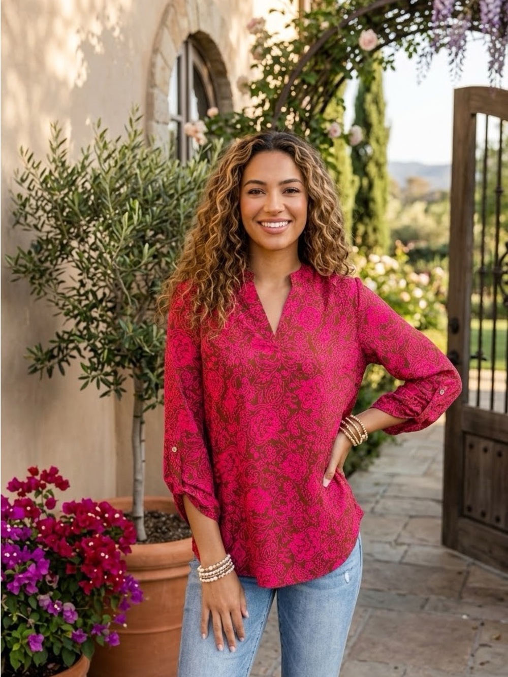 Dear Scarlett Pink Floral V-Neck Blouse size XL